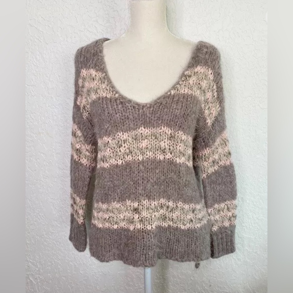Best price! Free People Linus Striped Fuzzy SOFT Wool Blend Sweater Gray Pink